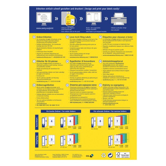 Bilden är en annons för att enkelt designa och skriva ut etiketter, med information om etikettsortiment inklusive specifikationer, utskriftstips och olika etikettarter för mappar på flera språk.