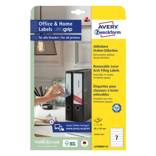 Förpackningsbild: Avery Zweckform pärmetiketter, avtagbara, artikel: L4760REV-10, format: 38 x 192 mm, utskriftslämplighet: bläckstråle, svartvit laser, färglaser, innehåll: 70 etiketter / 10 ark, 7 etiketter/ark.