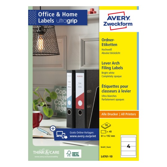 Förpackningsbild: Avery Zweckform arkivetiketter, Artikel: L4761-10, Format: 61 x 192 mm, Skrivare: Bläckstråle, Laser svart/vit, Färglaser, Innehåll: 40 etiketter / 10 ark, 4 etiketter/ark.