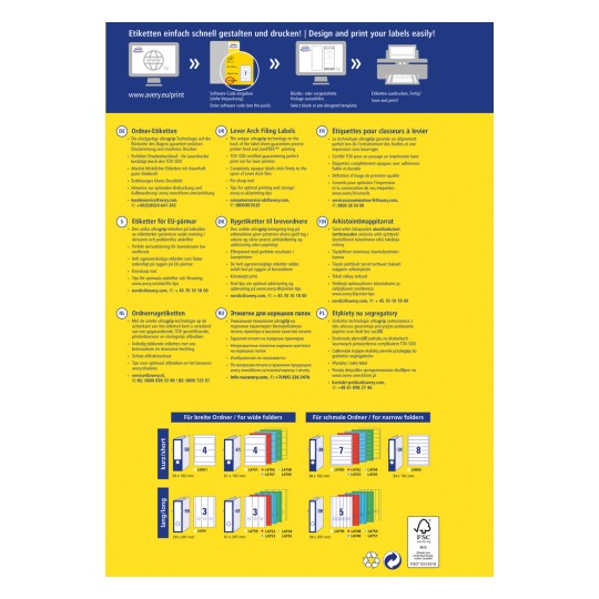 Bilden är en annons för att skriva ut och designa etiketter, med information om olika etiketter för pärmar, tips för utskrift och en visuell guide för olika storlekar och typer av etiketter. Texten är på flera språk, inklusive tyska, engelska, danska, finska, ryska och polska.