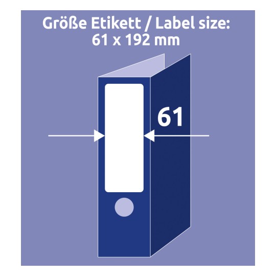 Storleksjämförelse med hand, artikel: L4761REV-10, ett ark med avtagbara pärmetiketter, hemmakontor, småförpackning, format: 61 x 192 mm, färg: vit?