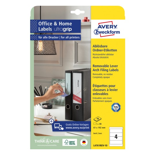 Förpackningsbild: Avery Zweckform Mappar-Etiketter, borttagbara, Artikel: L4761REV-10, Format: 61 x 192 mm, Trycklämplighet: Bläckstråle, Laser svart/vit, Färglaser, Innehåll: 40 etiketter / 10 ark, 4 etiketter/ark.