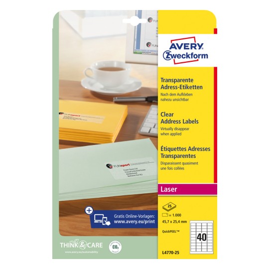 Förpackningsbild: Avery Zweckform Transparenta fraktetiketter, för laserskrivare, Artikel: L4770-25, Format: 45,7 x 25,4 mm, Skrivarkompatibilitet: Laser svartvitt, färglaser, Innehåll: 1.000 etiketter / 25 ark, 40 etiketter/ark.