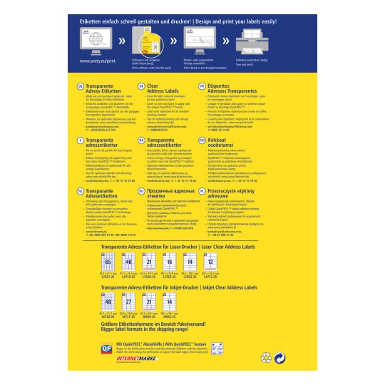 Bilden innehåller information om utskrift av tydliga adressetiketter, inklusive detaljer om funktioner, instruktioner på flera språk och olika etikettyper för laser- och bläckstråleskrivare.