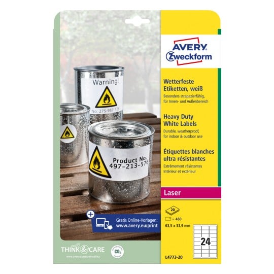 Förpackningsbild: Avery Zweckform Väderbeständiga Folieetiketter för laserskrivare, Artikel: L4773-20, Format: 63,5 x 33,9 mm, Skrivarkompatibilitet: Laser s/v, Färglaser, Innehåll: 480 etiketter / 20 ark, 24 etiketter/ark.