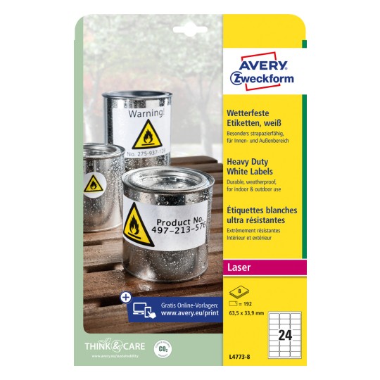 Förpackningsbild: Avery Zweckform Väderbeständiga folieetiketter för laserskrivare, Artikel: L4773-8, Format: 63,5 x 33,9 mm, Skrivarvänlighet: Laser svart/vit, färglaser, Innehåll: 192 etiketter / 8 ark, 24 etiketter/ark.