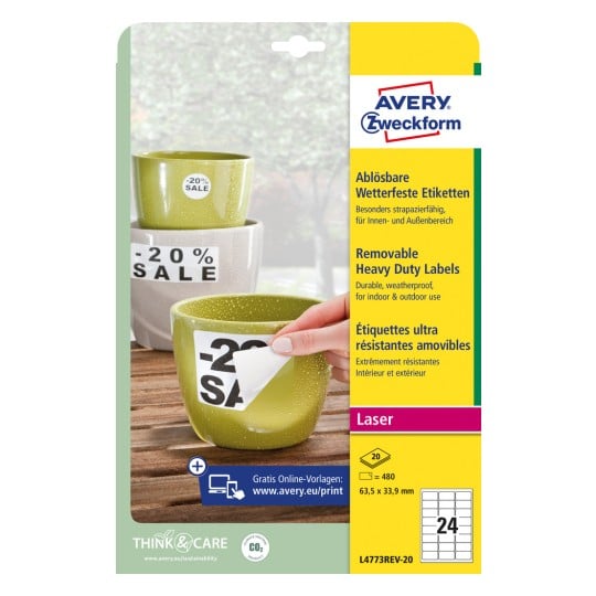 Förpackningsbild: Avery Zweckform Väderbeständiga Folieetiketter, avtagbara, Artikel: L4773REV-20, Format: 63,5 x 33,9 mm, Utskriftsanpassning: Laserskrivare svart-vit, färglaser, Innehåll: 480 etiketter / 20 ark, 24 etiketter/ark
