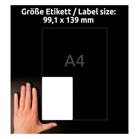 Storleksjämförelse med hand, artikel: L4774REV-20, ett ark väderbeständiga etiketter, avtagbara, format: 99,1 x 139 mm, färg: vit?