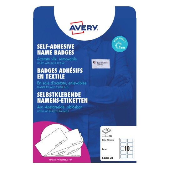 Förpackningsbild: Avery Zweckform, Artikel: L4787-20, Format: 80 x 50 mm, Trycklämplighet: Laser svart/vit, färglaserskrivare, Innehåll: 200 etiketter / 20 ark.