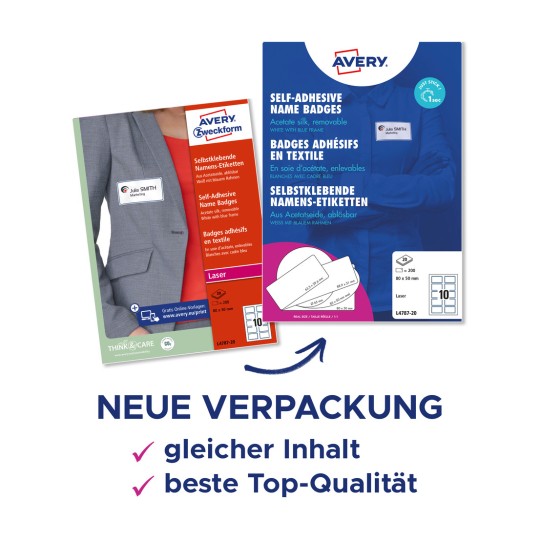 Bilden visar två förpackningar med självhäftande namnskyltar från Avery, som visar deras detaljer och varumärke, tillsammans med information på tyska om produkten.