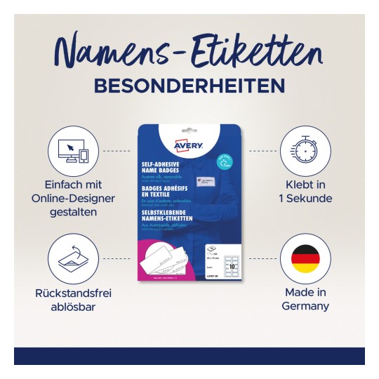 Bilden visar ett paket med självhäftande namnskyltar från Avery. Den framhäver egenskaper som enkel design med ett onlineverktyg, snabb vidhäftning på en sekund, avtagbar utan rester, och att den är tillverkad i Tyskland.