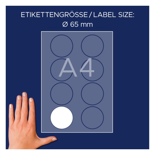 Storleksjämförelse med hand, Artikel: L4881-20, ett ark med namn-etiketter, Format: ⌀ 65 mm, Färg: Vit?
