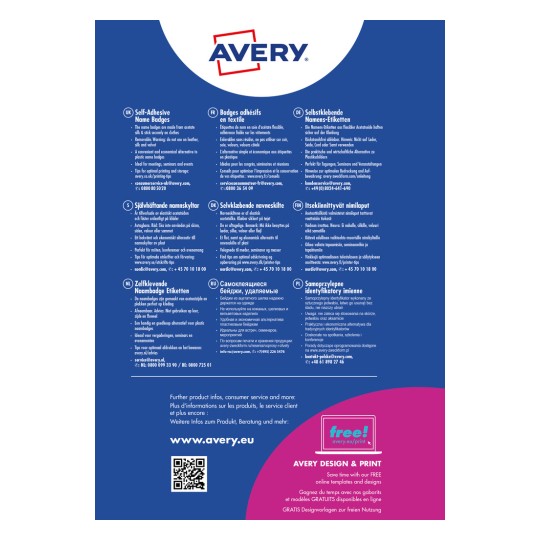 Bilden innehåller reklaminformation om Avery självklistrande namnskyltar, som beskriver deras egenskaper, användningstips och kontaktinformation på olika språk.