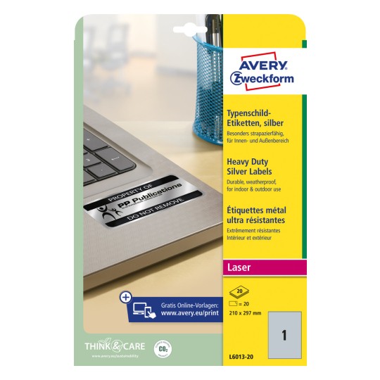 Förpackningsbild: Avery Zweckform Silvertypetikett, Artikel: L6013-20, Format: 210 x 297 mm, Skrivarkompatibilitet: Laser svart/vit, Innehåll: 20 etiketter / 20 ark, 1 etikett/ark.