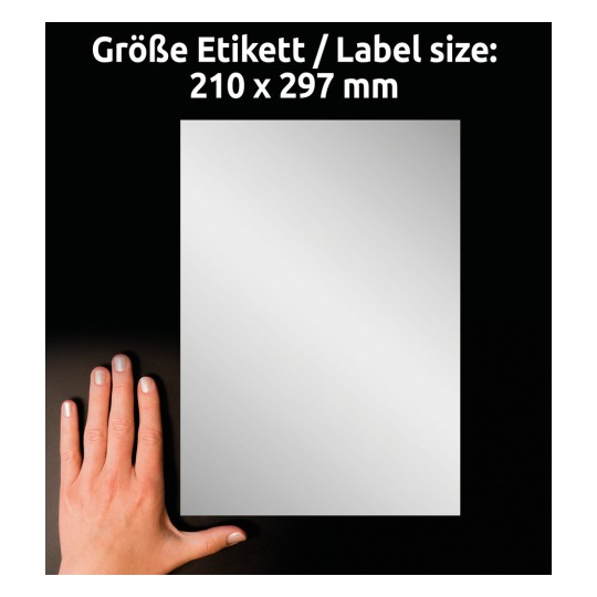 Storleksjämförelse med hand, Artikel: L6013-8, ett ark typskyltsetiketter, Format: 210 x 297 mm, Färg: Silver?