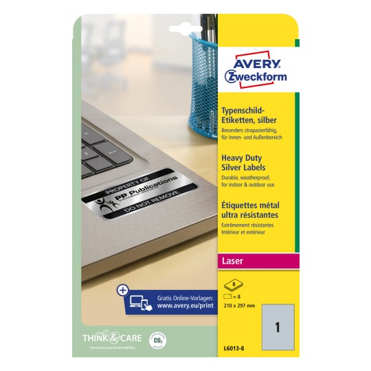 Förpackningsbild: Avery Zweckform Silver Typskyltetiketter, Artikel: L6013-8, Format: 210 x 297 mm, Utskriftslämplighet: Laser svart/vit, Innehåll: 8 etiketter / 8 ark, 1 etikett/ark?