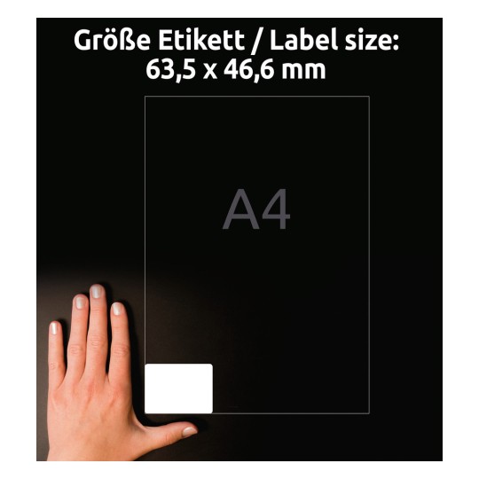 Storleksjämförelse med hand, Artikel: L6025REV-25, ett ark universaletiketter, avtagbar, format: 63,5 x 46,6 mm, färg: vit?