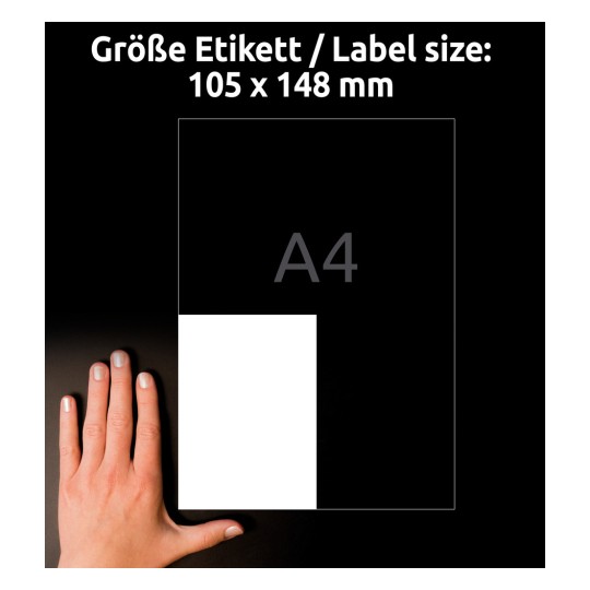 Storleksjämförelse med hand, artikel: L6028REV-25, ett ark universaletiketter, format: 105 x 148 mm, färg: vit.