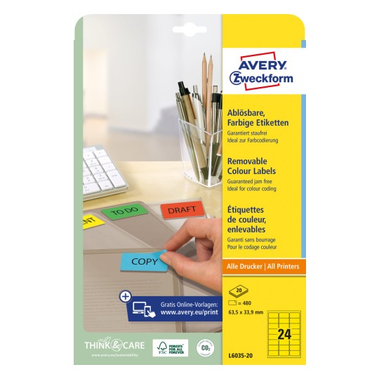 Förpackningsbild: Avery Zweckform Färgade Organisationsetiketter, avtagbara, Artikel: L6035-20, Format: 63,5 x 33,9 mm, Utskriftslämplighet: Bläckstråle, Svartvit laser, Färglaser, Innehåll: 480 etiketter / 20 ark, 24 etiketter/ark.