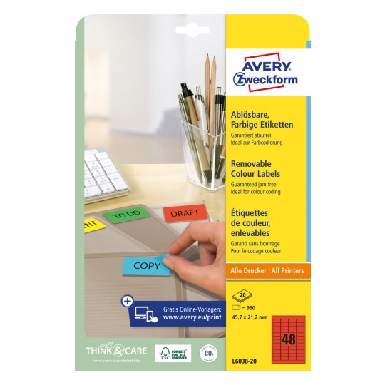 Förpackningsbild: Avery Zweckform Färgade organisationsetiketter, avtagbara, Artikel: L6038-20, Format: 45,7 x 21,2 mm, Utskriftslämplighet: Bläckstråle, Laser svart/vit, Färglaser, Innehåll: 960 etiketter / 20 ark, 48 etiketter/ark.