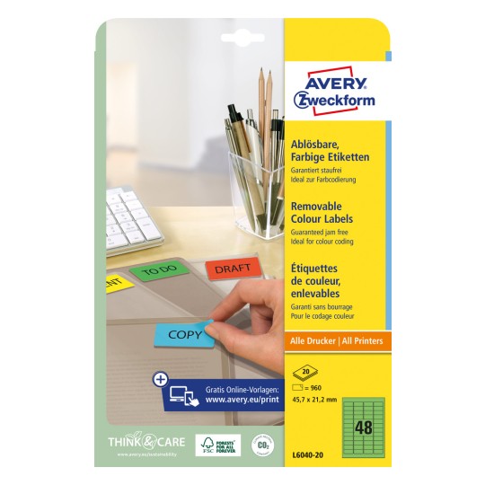 Förpackningsbild: Avery Zweckform Färgglada Organisationsetiketter, avtagbara, Artikel: L6040-20, Format: 45,7 x 21,2 mm, Utskriftslämplighet: Bläckstråle, Laser s/v, Färglaser, Innehåll: 960 etiketter / 20 ark, 48 etiketter/ark.