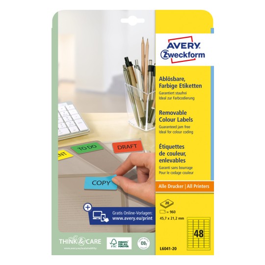 Förpackningsbild: Avery Zweckform Färgade Organisationsetiketter, avtagbara, Artikel: L6041-20, Format: 45,7 x 21,2 mm, Utskriftskompatibilitet: Bläckstråle, Svart/vit laser, Färglaser, Innehåll: 960 etiketter / 20 ark, 48 etiketter/ark.