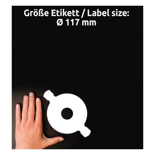 Storleksjämförelse med hand, artikel: L6043-100, ett ark CD-etiketter ClassicSize, format: ⌀ 117 mm, färg: Vit?