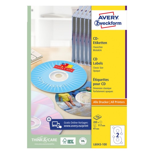 Förpackningsbild: Avery Zweckform CD-etiketter ClassicSize, Artikel: L6043-100, Format: ⌀ 117 mm, Skrivarkompatibilitet: Bläckstråle, Svart/vit laser, Färglaser, Innehåll: 200 etiketter / 100 ark, 2 etiketter/ark.