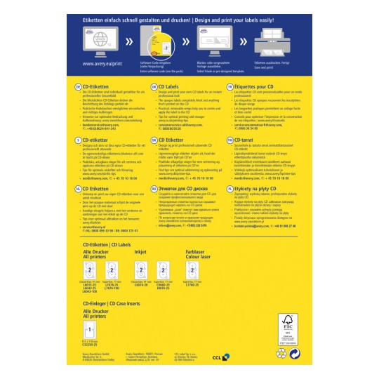 Bilden är en informationsguide om att skapa och skriva ut CD-etiketter. Den innehåller instruktioner på flera språk, tips för användning och produktkoder för olika etiketter. Designen är ljus och innehåller grafik för enklare förståelse.
