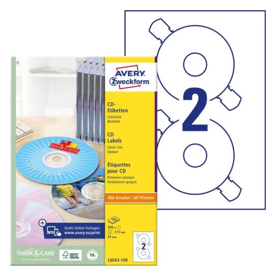 Förpackningsbild med etikettark: Avery Zweckform CD-etiketter ClassicSize, Artikel: L6043-100, Format: ⌀ 117 mm, Utskriftslämplighet: Bläckstråleskrivare, laserskrivare svart/vit, färglaserskrivare, Innehåll: 200 etiketter / 100 ark, 2 etiketter/ark.