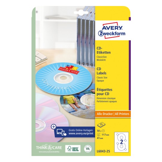 Förpackningsbild: Avery Zweckform CD-etiketter ClassicSize, Artikel: L6043-25, Format: ⌀ 117 mm, skrivarändamål: Bläckstråle, svartvit laser, färglaser, innehåll: 50 etiketter / 25 ark, 2 etiketter/ark.