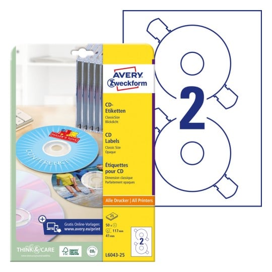 Förpackningsbild med etikettark: Avery Zweckform CD-etiketter ClassicSize, Artikel: L6043-25, Format: ⌀ 117 mm, Utskriftsegenskaper: Inkjet, Laser svart/vit, Färglaser, Innehåll: 50 etiketter / 25 ark, 2 etiketter/ark.