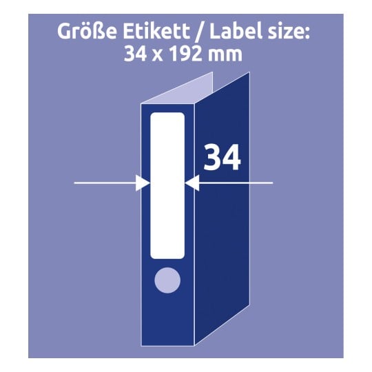 Storleksjämförelse med hand, Artikel: L6060-10, ett ark mappetiketter, hemmakontor, liten förpackning, Format: 34 x 192 mm, Färg: Vit.