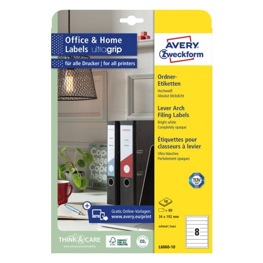 Förpackningsbild: Avery Zweckform Pärm-etiketter, Artikel: L6060-10, Format: 34 x 192 mm, Skrivarbetydelse: Bläckstråle, Laser svart/vit, Färglaser, Innehåll: 80 etiketter / 10 ark, 8 etiketter/ark