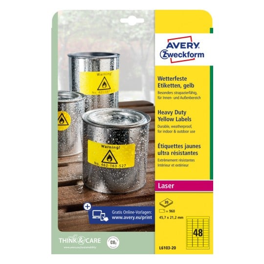 Förpackningsbild: Avery Zweckform Väderbeständiga Folieetiketter för laserskrivare, artikel: L6103-20, format: 45,7 x 21,2 mm, utskriftslämplighet: Laser s/v, innehåll: 960 etiketter / 20 ark, 48 etiketter/ark