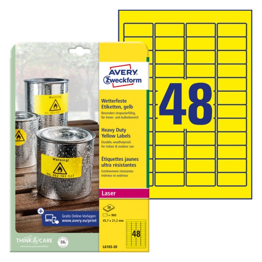 Förpackningsbild med etikettark: Avery Zweckform Väderbeständiga folieryggetiketter, Artikel: L6103-20, Format: 45,7 x 21,2 mm, Utskriftslämplighet: Laser svart/vit, Innehåll: 960 etiketter / 20 ark, 48 etiketter/ark.