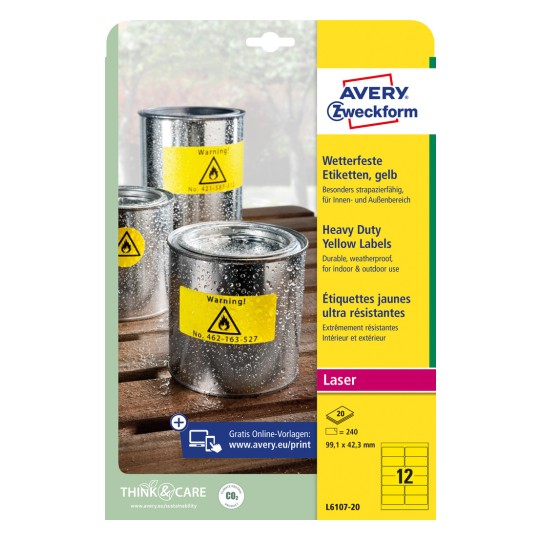 Förpackningsbild: Avery Zweckform Väderbeständiga folieetiketter för laserskrivare, Artikel: L6107-20, Format: 99,1 x 42,3 mm, Skrivaranslutning: Laser s/v, Innehåll: 240 etiketter / 20 ark, 12 etiketter/ark.