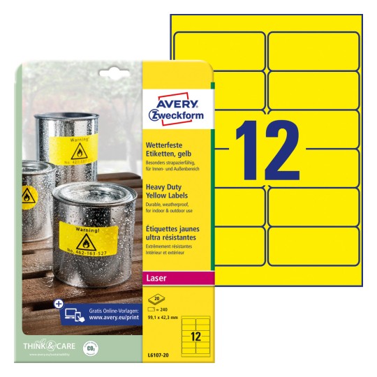 Förpackningsbild med etikettsark: Avery Zweckform Väderbeständiga folieetiketter, Artikel: L6107-20, Format: 99,1 x 42,3 mm, Skrivarkompatibilitet: Laser svart/vit, Innehåll: 240 etiketter / 20 ark, 12 etiketter/ark.