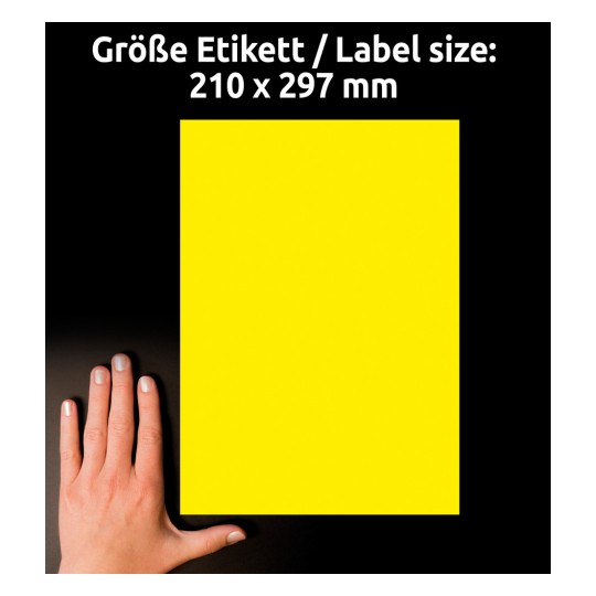 Storleksjämförelse med hand, Artikel: L6111-20, ett ark väderbeständiga folieetiketter, Format: 210 x 297 mm, Färg: Gul?
