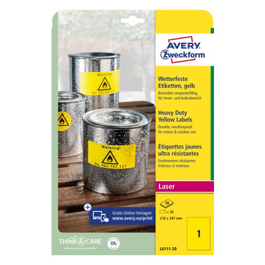 Förpackningsbild: Avery Zweckform väderbeständiga folieetiketter för laserskrivare, Artikel: L6111-20, Format: 210 x 297 mm, Skrivarändamål: Laser svart/vit, Innehåll: 20 etiketter / 20 ark, 1 etikett/ark?