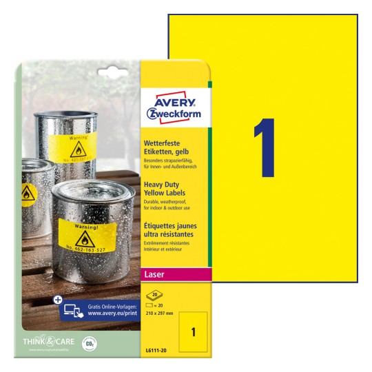 Förpackningsbild med etikettark: Avery Zweckform väderbeständiga folieetiketter, artikel: L6111-20, format: 210 x 297 mm, utskriftslämplighet: laser svart/vit, innehåll: 20 etiketter / 20 ark, 1 etikett/ark.