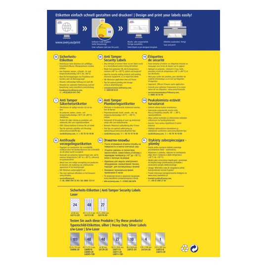 Bilden innehåller information om manipuleringsskyddade säkerhetsetiketter, inklusive produktspecifikationer, språk, appliceringsinstruktioner och olika kontaktuppgifter för Avery.