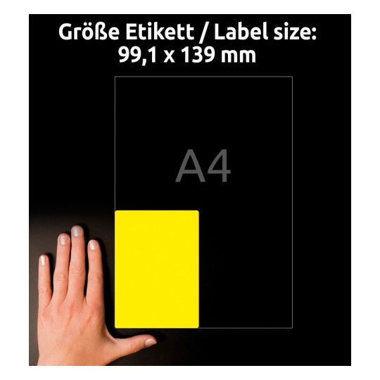 Storleksjämförelse med hand, artikel: L6127-20, ett ark väderbeständiga folieetiketter, format: 99,1 x 139 mm, färg: gul.