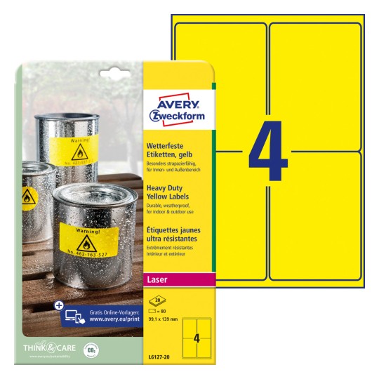 Förpackningsbild med etikettark: Avery Zweckform väderbeständiga folieetiketter, Artikel: L6127-20, Format: 99,1 x 139 mm, Skrivarkompatibilitet: Laser svart/vit, Innehåll: 80 etiketter / 20 ark, 4 etiketter/ark.