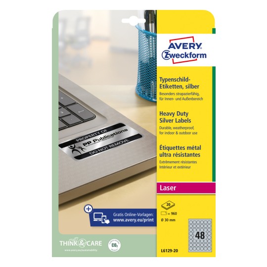 Förpackningsbild: Avery Zweckform Silverfärgade Typskylt-etiketter, Artikel: L6129-20, Format: ⌀ 30 mm, Skrivarkompatibilitet: Laser s/v, Innehåll: 960 etiketter / 20 ark, 48 etiketter/ark