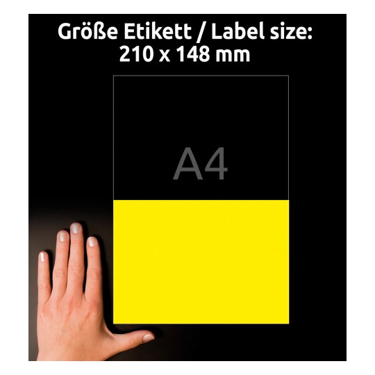 Storleksjämförelse med hand, Artikel: L6130-20, ett ark väderbeständiga folieetiketter, Format: 210 x 148 mm, Färg: Gul?