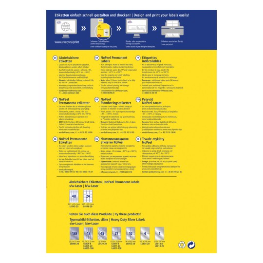 Bilden är en reklamgrafik för NoPeel Permanent Labels från Avery som beskriver produktspecifikationer och etikettens design. Den innehåller information på flera språk, tips för optimal utskrift och riktlinjer för etikettapplicering.