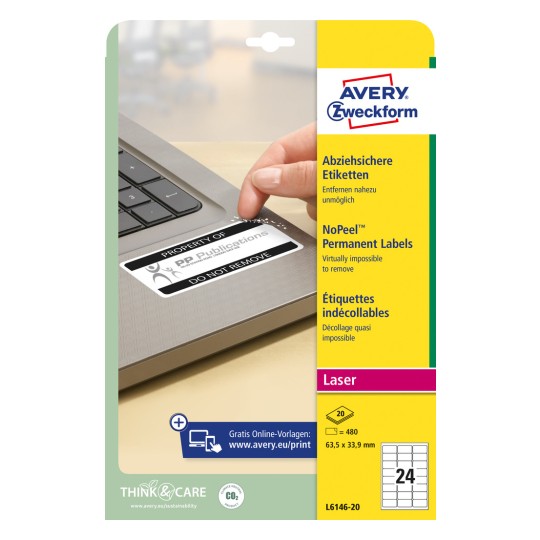 Förpackningsbild: Avery Zweckform plomberade etiketter, Artikel: L6146-20, Format: 63,5 x 33,9 mm, Utskriftskompatibilitet: Laser svart/vit, Innehåll: 480 etiketter / 20 ark, 24 etiketter/ark.