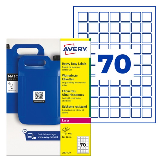 Avery kraftiga etikettförpackning med blå jerrycans och nummer 70 rutnätsillustration?