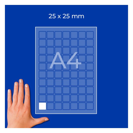 Vy uppifrån av ett A4-ark fyllt med fyrkantiga etiketter i storleken 25 × 25 mm och en hand längst ned till vänster?